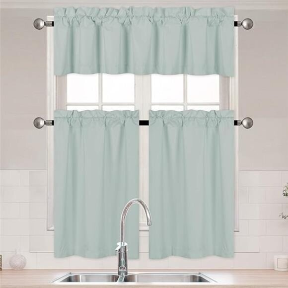 3 Pieces Solid Color Kitchen Curtain Set Tier and Valence with Rod Pocket - Picture 5 of 5